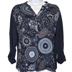 LLOYDS Womens Black Blue Medallion Floral Print Long Sleeve Henley Shirt Size M